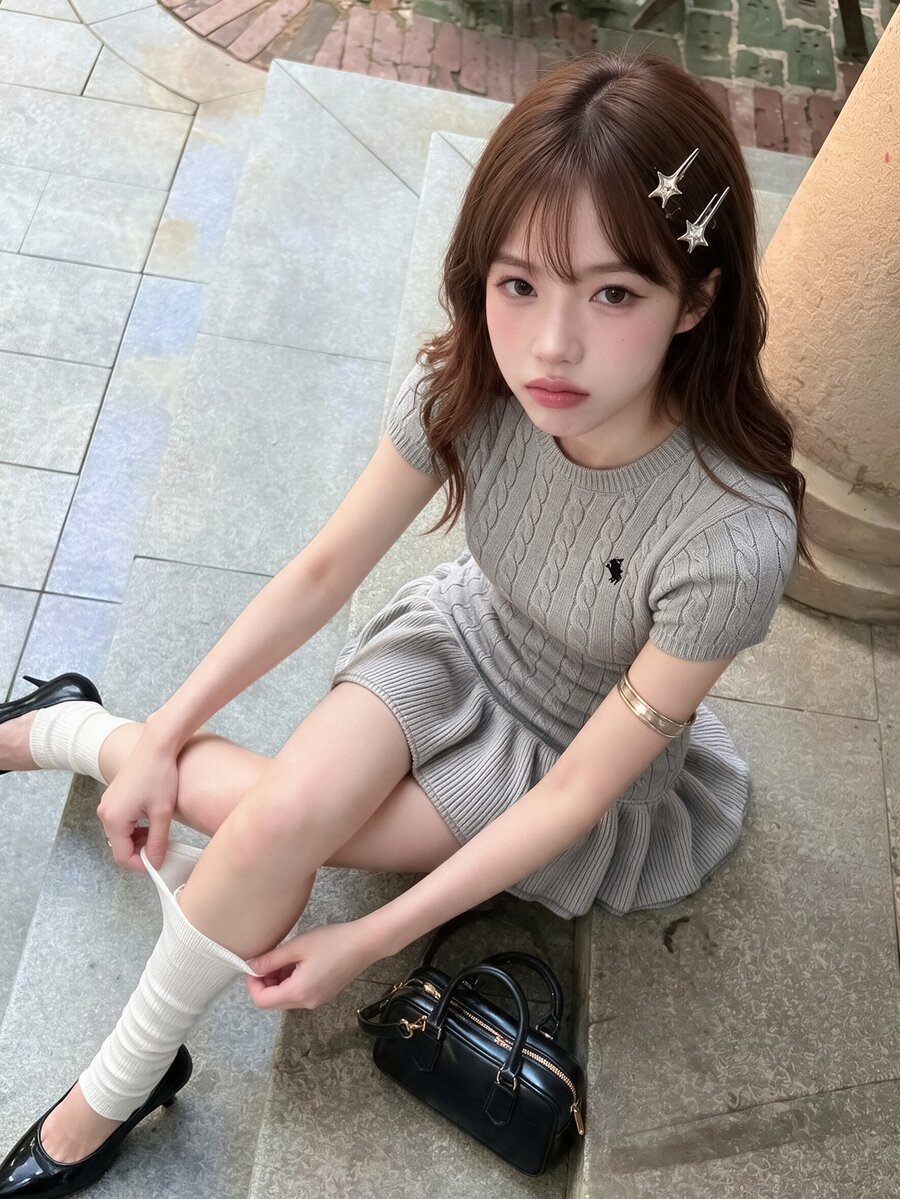 SHEIN EZwear 女士休闲针织骑士图案连衣裙,荷叶边下摆,圆领,短袖,适合秋季 - 灰色 - 查看 1