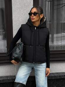 Pariaura Women's Black Quilted Puffer Vest With Hood - Black - View 5