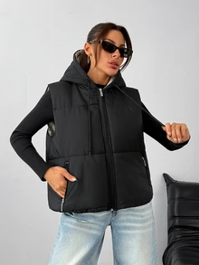 Pariaura Women's Black Quilted Puffer Vest With Hood - Black - View 6