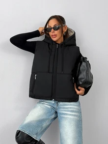 Pariaura Women's Black Quilted Puffer Vest With Hood - Black - View 8