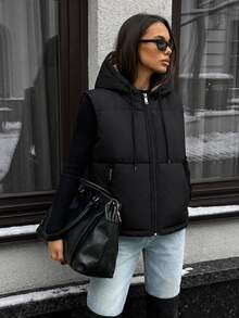 Pariaura Women's Black Quilted Puffer Vest With Hood - Black - View 4