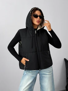 Pariaura Women's Black Quilted Puffer Vest With Hood - Black - View 2