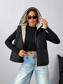 Pariaura Women's Black Quilted Puffer Vest With Hood - Black - View 7