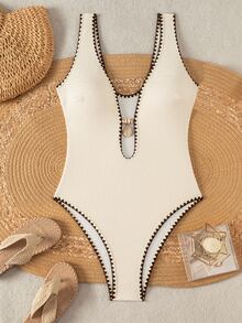 SHEIN Swim Swim Swim Lushoire 紋理橘色一件式泳衣，配貝殼裝飾與對比飾邊，適合夏季海灘 - 米色 - 查看 5