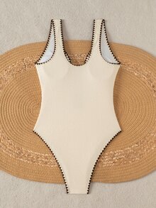 SHEIN Swim Swim Swim Lushoire 紋理橘色一件式泳衣，配貝殼裝飾與對比飾邊，適合夏季海灘 - 米色 - 查看 4