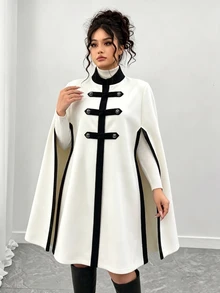 Elenzga 大尺碼女款黑白配色披肩式修身優雅正式夾克，適合秋季正式晚宴 - 黑與白 - 查看 4