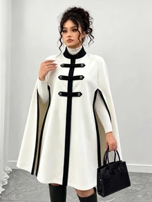 Elenzga 大尺碼女款黑白配色披肩式修身優雅正式夾克，適合秋季正式晚宴 - 黑與白 - 查看 1