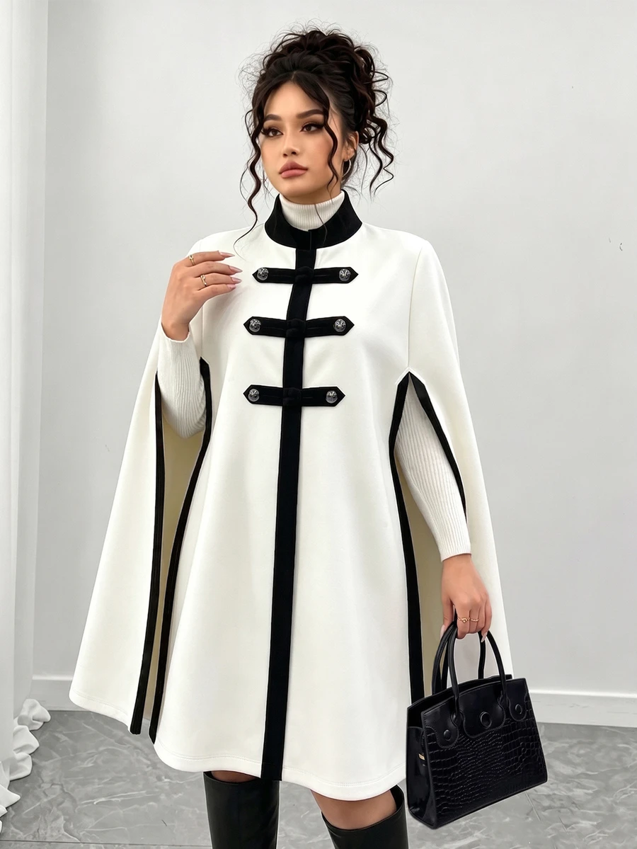 Elenzga 大尺碼女款黑白配色披肩式修身優雅正式夾克,適合秋季正式晚宴 - 黑與白 - 查看 1