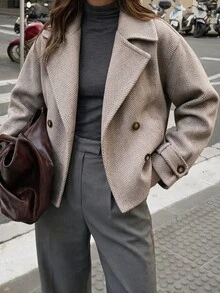 Flora Isola Flora Isola Women's Large Lapel Decorative Button Long Sleeve Wool Blend Jacket, Casual Daily Wear - Apricot - View 3