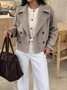 Flora Isola Flora Isola Women's Large Lapel Decorative Button Long Sleeve Wool Blend Jacket, Casual Daily Wear - Apricot - View 1