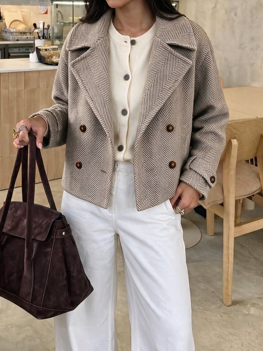 Flora Isola Flora Isola Women's Large Lapel Decorative Button Long Sleeve Wool Blend Jacket, Casual Daily Wear - Apricot - View 1