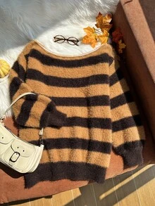 Comfortcana Plus Size Women's Striped Asymmetrical Shoulder Drop Sleeve Casual Pullover Sweater Fall - Multicolor - View 4