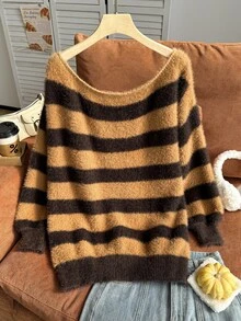 Comfortcana Plus Size Women's Striped Asymmetrical Shoulder Drop Sleeve Casual Pullover Sweater Fall - Multicolor - View 5