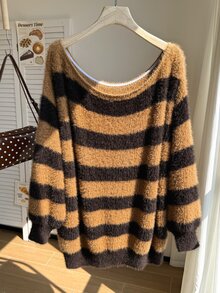 Comfortcana Plus Size Women's Striped Asymmetrical Shoulder Drop Sleeve Casual Pullover Sweater Fall - Multicolor - View 3