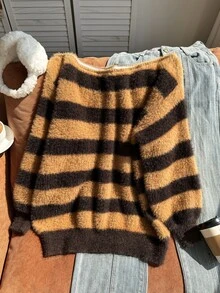 Comfortcana Plus Size Women's Striped Asymmetrical Shoulder Drop Sleeve Casual Pullover Sweater Fall - Multicolor - View 6