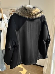 Comfortcana Plus Size Winter Comfortable Fleece Patchwork Long Sleeve Padded Coat - Black - View 2