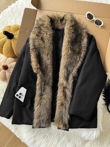 Comfortcana Plus Size Winter Comfortable Fleece Patchwork Long Sleeve Padded Coat - Black - View 5