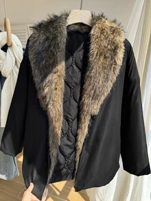 Comfortcana Plus Size Winter Comfortable Fleece Patchwork Long Sleeve Padded Coat - Black - View 3