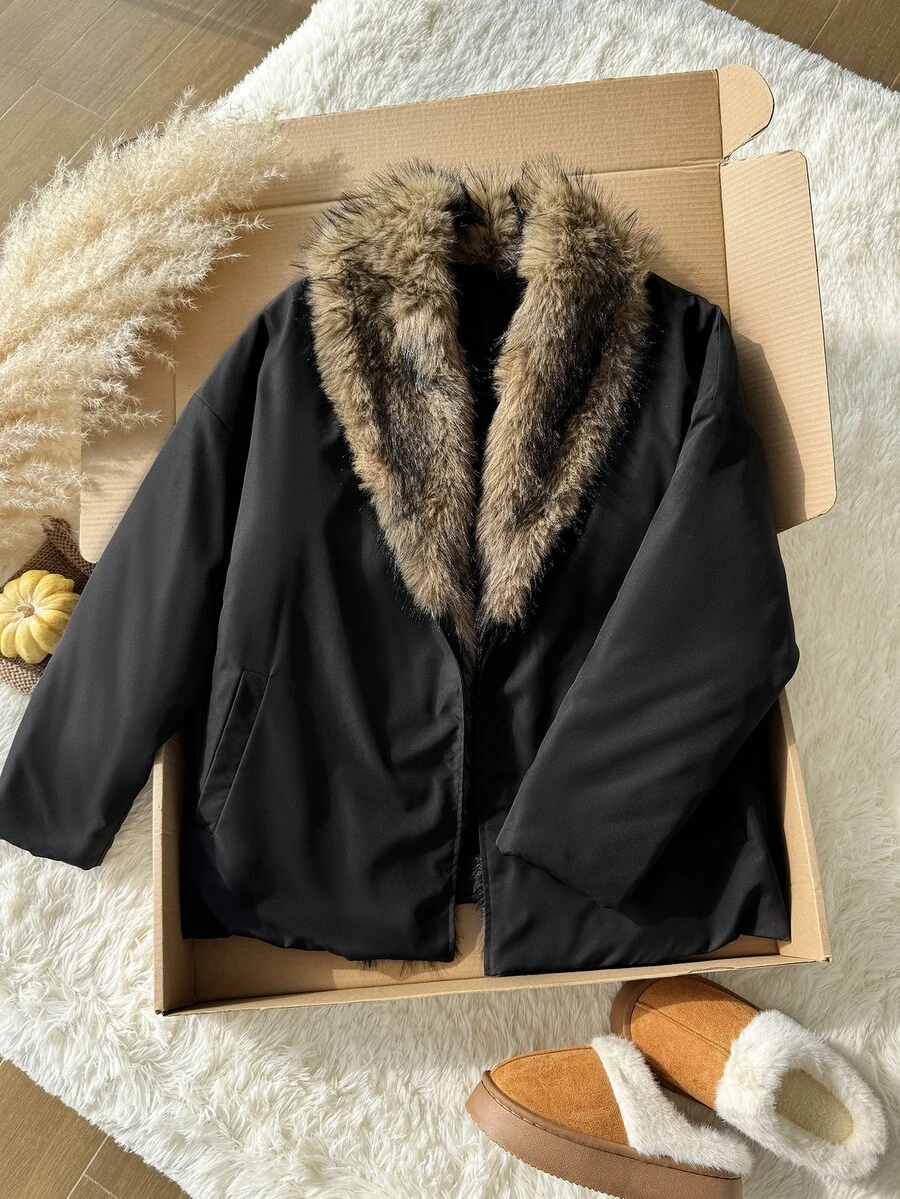 Comfortcana Plus Size Winter Comfortable Fleece Patchwork Long Sleeve Padded Coat - Black - View 1