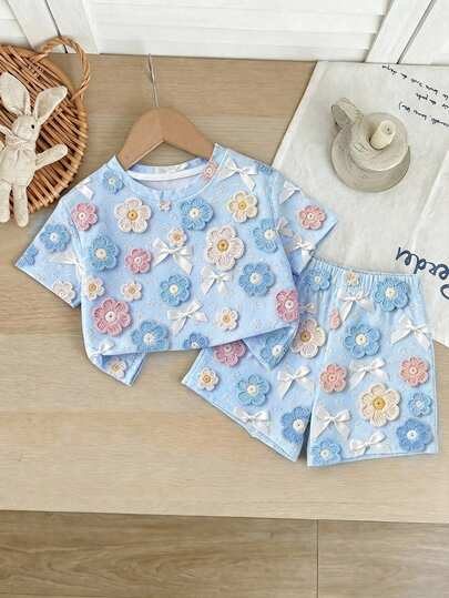 Elegant & Cute 3D Floral Bow Pattern, Baby Girl Casual Comfortable Round Neck T-Shirt & Shorts 2-Piece Set, Parent-Child Matching Outfit Suitable For Spring/Summer Daily Wear, Wedding Season, Back To School, Chill Chill
