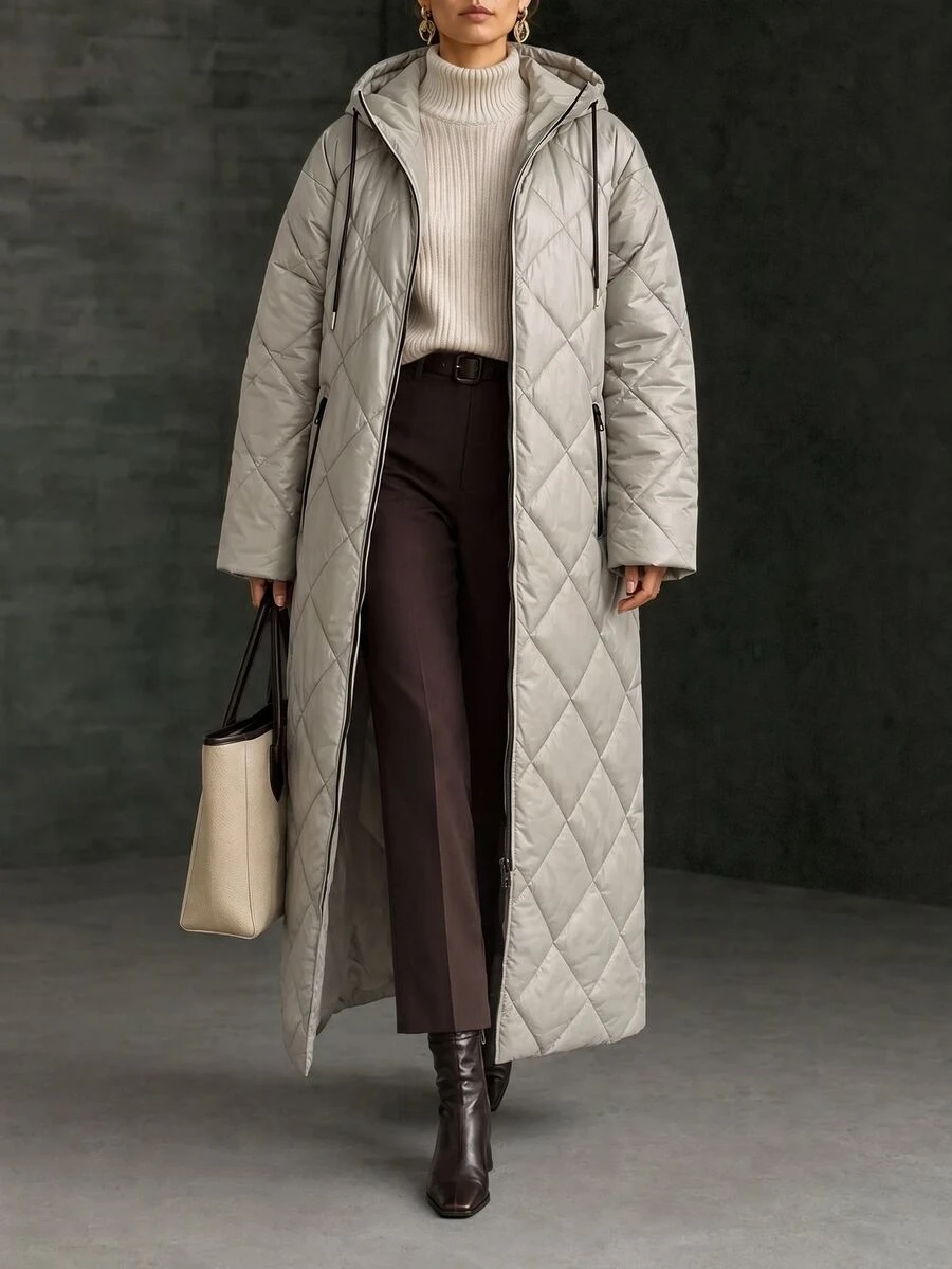 Trelyra Women's Water-Resistant Maxi Quilted Padded Coat With Hood And Functional Pockets - بيج - مشاهدة 1