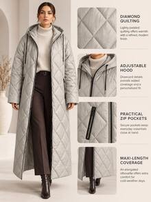 Trelyra Women's Water-Resistant Maxi Quilted Padded Coat With Hood And Functional Pockets - بيج - مشاهدة 2