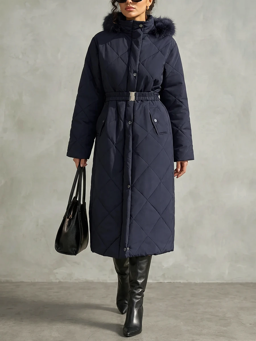 Trelyra Women's Navy Blue Quilted Long Parka Winter Coat - Navy Blue - View 1