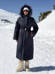 Trelyra Women's Navy Blue Quilted Long Parka Winter Coat - Navy Blue - View 6