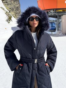 Trelyra Women's Navy Blue Quilted Long Parka Winter Coat - Navy Blue - View 5