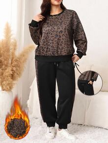 SHEIN LUNE Plus Size Leopard Print Long Sleeve Sweatshirt And Pocket Cuffed Pants 2 Pieces Set - Mocha Brown - View 1