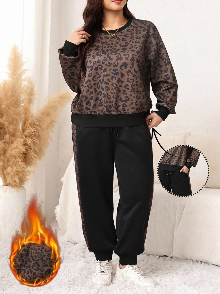SHEIN LUNE Plus Size Leopard Print Long Sleeve Sweatshirt And Pocket Cuffed Pants 2 Pieces Set - Mocha Brown - View 1