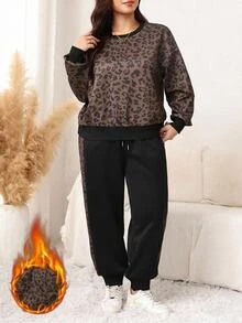 SHEIN LUNE Plus Size Leopard Print Long Sleeve Sweatshirt And Pocket Cuffed Pants 2 Pieces Set - Mocha Brown - View 8