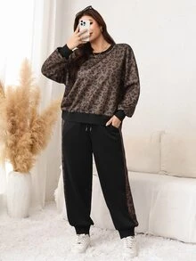 SHEIN LUNE Plus Size Leopard Print Long Sleeve Sweatshirt And Pocket Cuffed Pants 2 Pieces Set - Mocha Brown - View 6