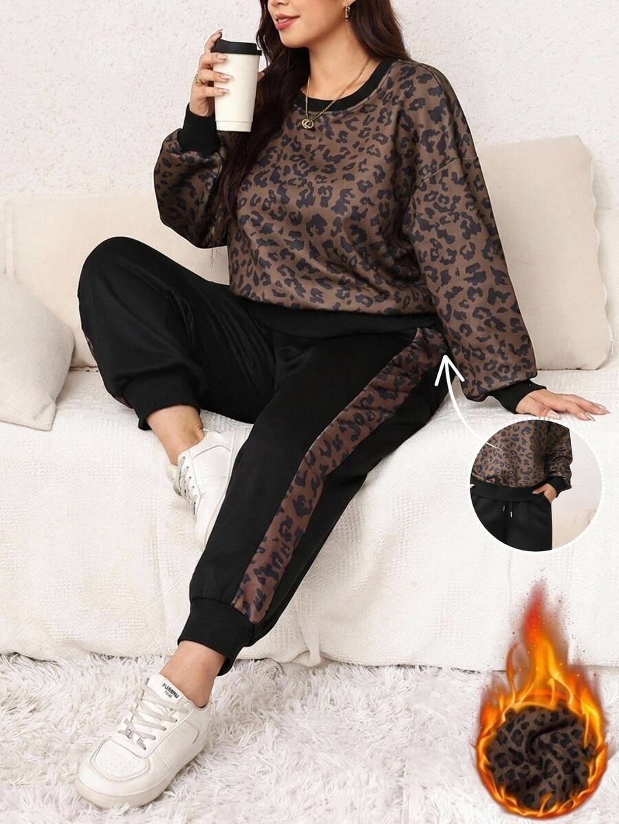 SHEIN LUNE Plus Size Leopard Print Long Sleeve Sweatshirt And Pocket Cuffed Pants 2 Pieces Set - Mocha Brown - View 1