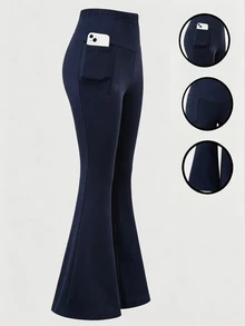 SHEIN Teen Girls Fall Clothes Navy Blue Sports Casual Baggy Junior Comfortable Fashion Long Pants, Personalized Design, Flare Leg Cut, Party Sport Beach - Navy Blue - View 4