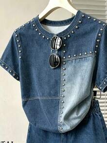 SHEIN 青少年女孩休閒復古時尚個性化短袖T恤與短褲2件套，適合日常、街頭、校園、外出穿著 - 彩色 - 查看 3