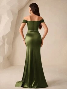 Coutiva 女款拼接亮片美人魚下擺抹胸華麗優雅正式晚禮服 舞會婚紗 橄欖綠 冬季 - 橄欖綠 - 查看 2