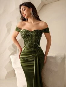 Coutiva 女款拼接亮片美人魚下擺抹胸華麗優雅正式晚禮服 舞會婚紗 橄欖綠 冬季 - 橄欖綠 - 查看 4