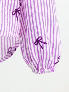 Elladie kids 少女休閒條紋襯衫，鏤空後背蝴蝶結裝飾，長袖校園襯衫 - 紫色 - 查看 6