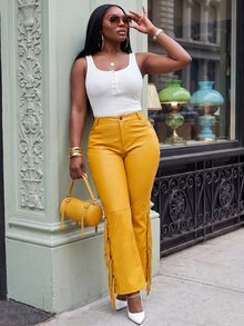Slaydiva Plus Size Fashion Commuter Tassel Decor Pants - Yellow - View 4