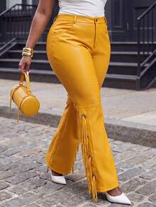 Slaydiva Plus Size Fashion Commuter Tassel Decor Pants - Yellow - View 7