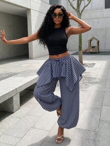 BamGleam Women's Striped Casual Boho Versatile Daily Wear Long Pants Vacation Beach Blue White Striped Autumn - Blue and White - View 2