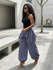 BamGleam Women's Striped Casual Boho Versatile Daily Wear Long Pants Vacation Beach Blue White Striped Autumn - Blue and White - View 3