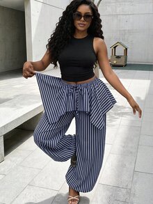 BamGleam Women's Striped Casual Boho Versatile Daily Wear Long Pants Vacation Beach Blue White Striped Autumn - Blue and White - View 5