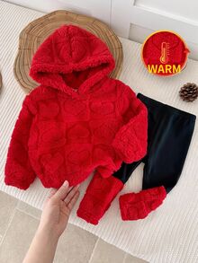 SHEIN Setelan 2 Potong untuk Bayi Perempuan: Baju Sweatshirt Kasual Rajut Warna Polos Motif Hati dengan Tudung Bulu Imitasi dan Celana Patchwork - MultiWarna - View 3