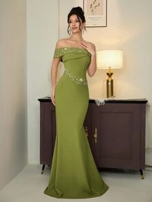 SHEIN Belle Women's Faux Pearl & Rhinestone Decor Elegant Fitted Cocktail Party Dress - Olive Green - View 6