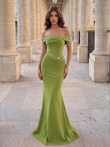 SHEIN Belle Women's Faux Pearl & Rhinestone Decor Elegant Fitted Cocktail Party Dress - Olive Green - View 3