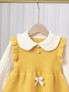SHEIN Young Girl Young Girl Young Girl Loose Casual Minimalist Comfortable Peter Pan Collar Patchwork Contrast Color Bow Decor Sweater Autumn Dress - Yellow - View 4