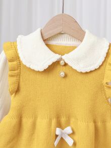 SHEIN Young Girl Young Girl Young Girl Loose Casual Minimalist Comfortable Peter Pan Collar Patchwork Contrast Color Bow Decor Sweater Autumn Dress - Yellow - View 6
