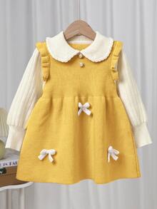 SHEIN Young Girl Young Girl Young Girl Loose Casual Minimalist Comfortable Peter Pan Collar Patchwork Contrast Color Bow Decor Sweater Autumn Dress - Yellow - View 3